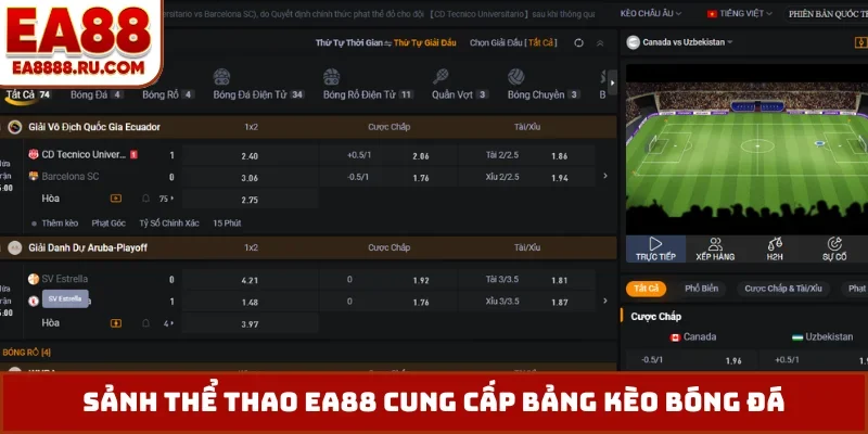Sảnh thể thao EA88 cung cấp bảng kèo bóng đá